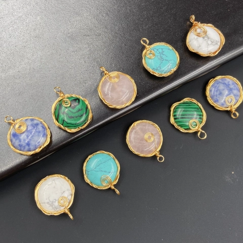 Round Semi-Precious Stone Pendant Handmade Gold Color Copper Wire Wrapped Spiral Crystal Gemstone Charm Bohemian Accessory