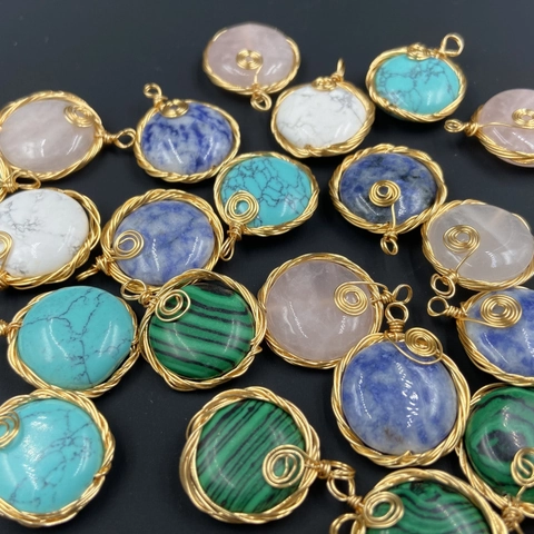 Round Semi-Precious Stone Pendant Handmade Gold Color Copper Wire Wrapped Spiral Crystal Gemstone Charm Bohemian Accessory