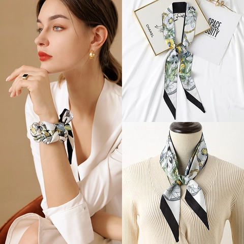Long Narrow Floral Scarf Women Imitation Satin Twilly Hair Band Bag Ribbon Elegant Vintage Floral Printed Neck Scarf