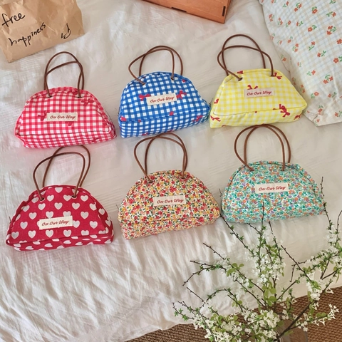 Bolso de Mano Vintage Semirredondo Cuadros Floral Corazón Patrón Cremallera Bolsa de Almacenamiento Mujer Niche Mini Tote