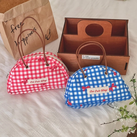 Bolso de Mano Vintage Semirredondo Cuadros Floral Corazón Patrón Cremallera Bolsa de Almacenamiento Mujer Niche Mini Tote