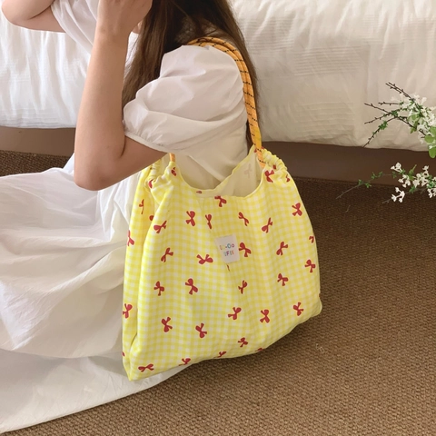 Damen Tote Bag Große Kapazität Polyester Kariert Punkt Bow Print Koreanisch Ins Stil Schultertasche Handtasche Alltag