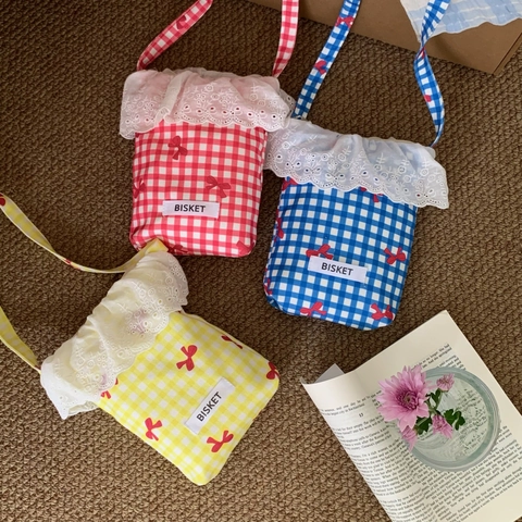 Borsa a Tracolla Per Cellulare Da Donna In Poliestere Stile Dolce Con Volant In Pizzo Gingham Pois Fiocco Piccola Borsa A Spalla
