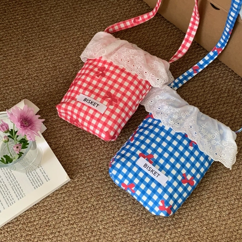 Borsa a Tracolla Per Cellulare Da Donna In Poliestere Stile Dolce Con Volant In Pizzo Gingham Pois Fiocco Piccola Borsa A Spalla