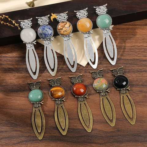 Vintage Owl Zinc Alloy Natural Stone Bookmark Antique Bronze Silver Finish Gemstone Book Clips Readers Student Office Supplies