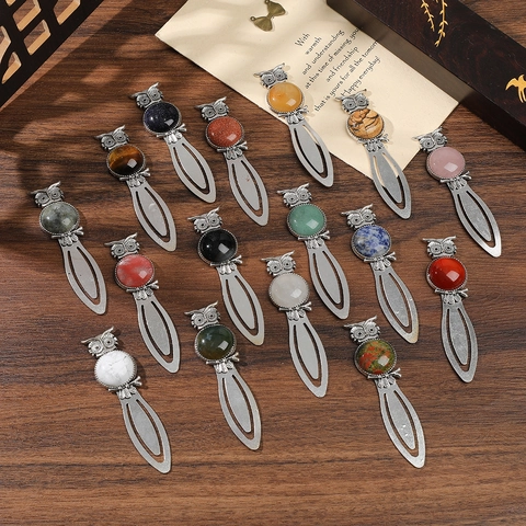 Vintage Owl Zinc Alloy Natural Stone Bookmark Antique Bronze Silver Finish Gemstone Book Clips Readers Student Office Supplies