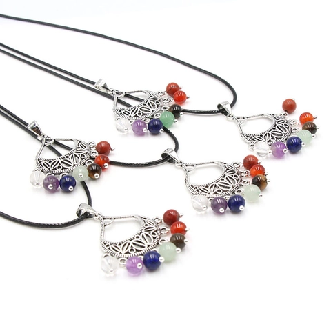 Chakra Pendant Necklace Vintage Hollow Alloy Teardrop With Colorful Natural Stones Bohemian Ethnic Jewelry
