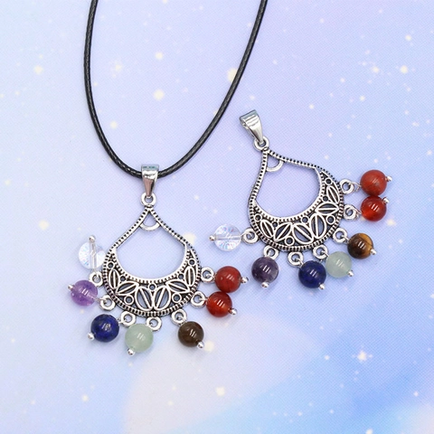 Chakra Pendant Necklace Vintage Hollow Alloy Teardrop With Colorful Natural Stones Bohemian Ethnic Jewelry