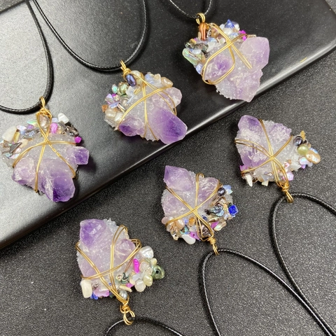 Collier Pendentif En Améthyste Naturelle Avec Perle D'eau Douce Fil Doré Enveloppé À La Main Bijoux Boho Femmes