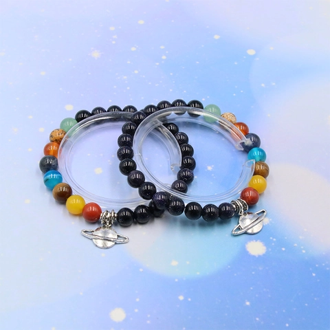 Solar System Planets Beaded Bracelet Natural Stone Agate Crystal Saturn Pendant Universe Galaxy Theme Jewelry