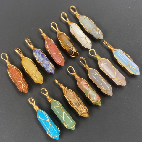 Naturstein Drahtumwickelt Sechseckige Säule Anhänger Halskette Heilender Kristallpunkt Quarz Schmuck Für Damen Täglich Boho