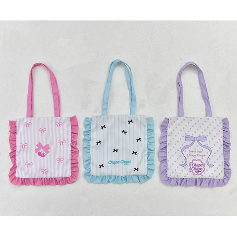 Women Ruffle Edge Shoulder Tote Bag Polyester Striped Polka Dot Bow Sweet Cute Daily Student Handbag