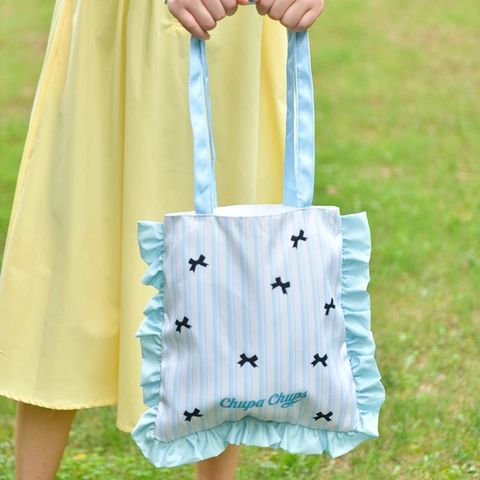 Women Ruffle Edge Shoulder Tote Bag Polyester Striped Polka Dot Bow Sweet Cute Daily Student Handbag
