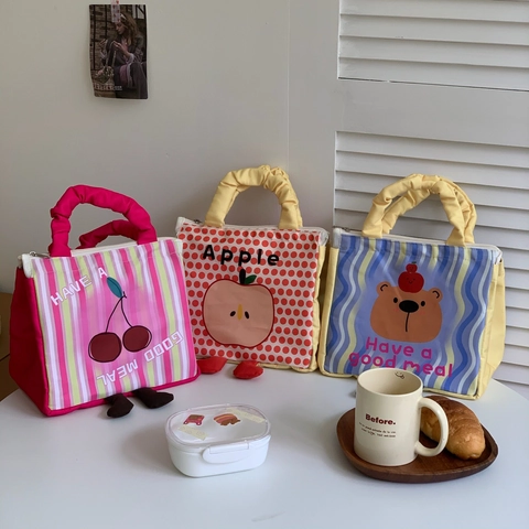 Süße Cartoon Isolierte Lunchtasche Oxford Stoff Thermohandtasche Mit Rüschengriff Und Dekorativem Fuß Für Schule Büro
