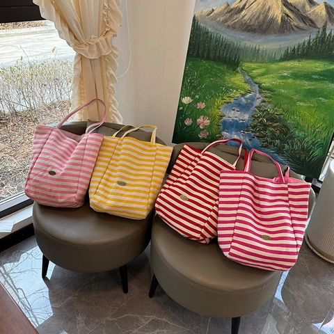 Borsa Tote In Tela A Righe Da Donna Grande Capacità Reversibile Doppia Faccia Borsa A Tracolla Stile Coreano Ins