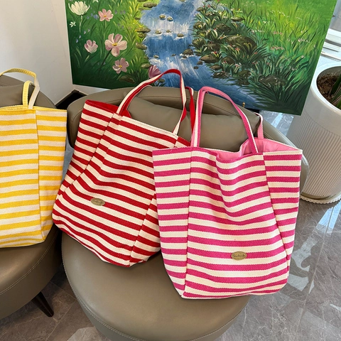 Borsa Tote In Tela A Righe Da Donna Grande Capacità Reversibile Doppia Faccia Borsa A Tracolla Stile Coreano Ins