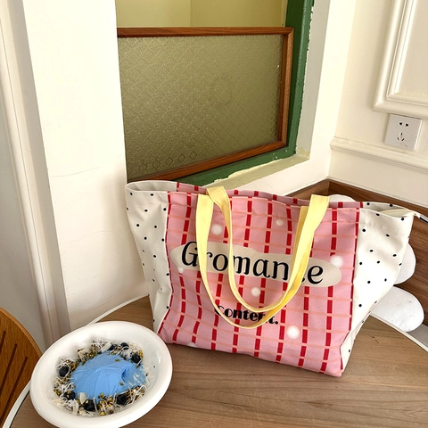 Borsa Tote In Tela Con Design Patchwork A Quadretti Rosa E Pois Grande Capacità Con Zip Borsa A Tracolla Da Donna Casual