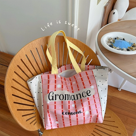 Borsa Tote In Tela Con Design Patchwork A Quadretti Rosa E Pois Grande Capacità Con Zip Borsa A Tracolla Da Donna Casual