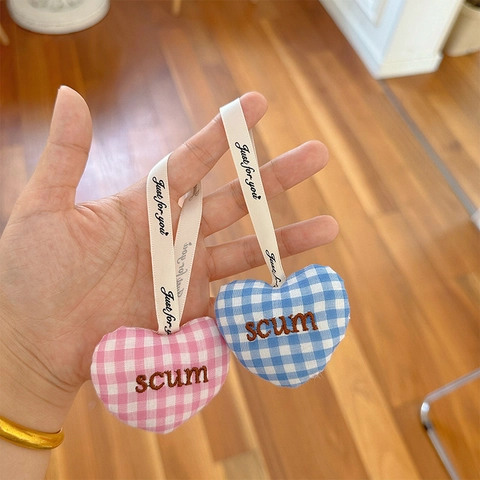 Heart Shape Gingham Checkered Fabric Keychain Cute Bag Pendant Plush Accessory For Backpack With Ribbon Lanyard Decorative Charm