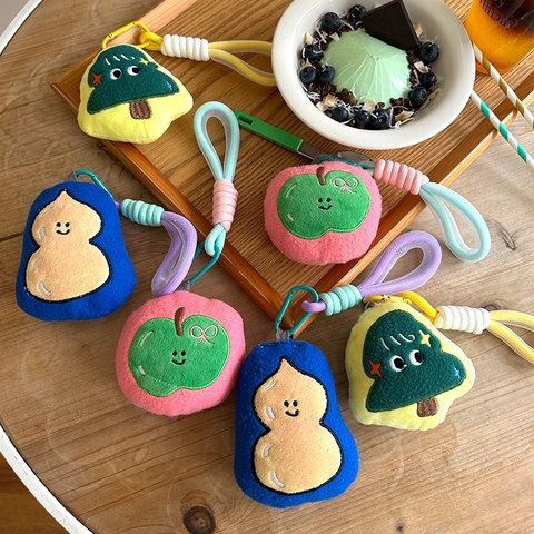 Cute Plush Fruit Plant Bag Pendant Embroidery Cartoon Pine Tree Gourd Apple Keychain With Braided Rope Carabiner Decoration Gift