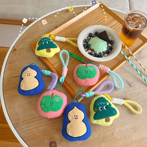 Cute Plush Fruit Plant Bag Pendant Embroidery Cartoon Pine Tree Gourd Apple Keychain With Braided Rope Carabiner Decoration Gift