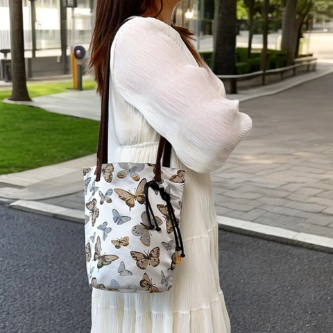 Borsa a Secchiello Jacquard da Donna con Fiori e Farfalle in Poliestere Tela Borsa a Spalla con Coulisse Casual Moda Tote
