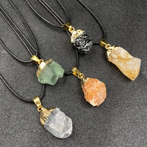 Collar Con Colgante De Piedra Natural En Bruto Irregular Con Cierre De Aleación Chapado En Oro Citrino Piedra De Sol Turmalina Negra