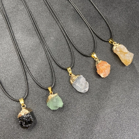Collar Con Colgante De Piedra Natural En Bruto Irregular Con Cierre De Aleación Chapado En Oro Citrino Piedra De Sol Turmalina Negra