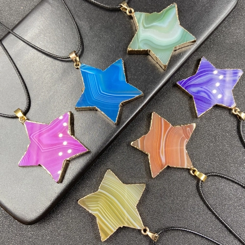 Collar con Colgante de Estrella de Ágata Rayada Natural Con Borde Chapado en Oro Joyería de Piedra Pentagrama para Mujer Diario