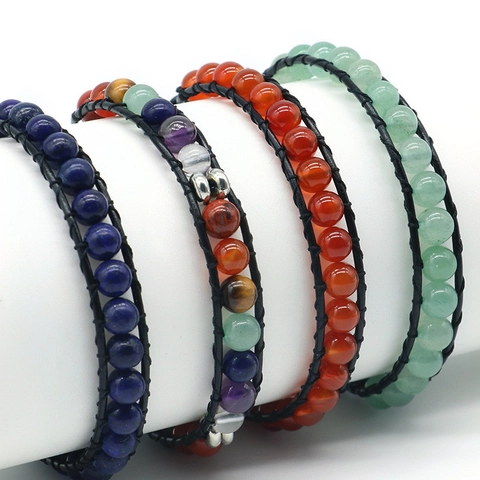 Handgemachtes Geflochtenes Armband Natursteine Sieben Chakra Heilperlen Lederseil Böhmischer Ethno Stil Für Unisex