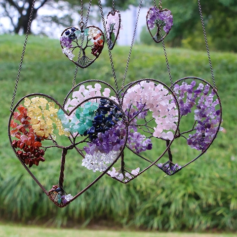 Tree Of Life Heart Shaped Hanging Ornament Natural Crushed Crystal Stones Wire Wrapped Home Decor Garden Car Window Decor