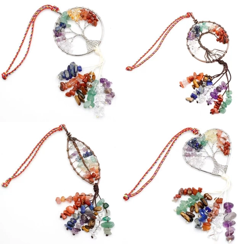 7 Chakra Tree Of Life Hanging Ornament Natural Stone Wire Wrapped Tassel Pendant For Car Home Decor Meditation Yoga Bohemian Handmade