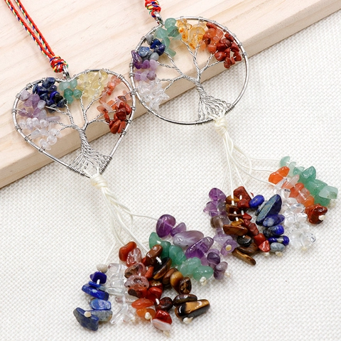 7 Chakra Tree Of Life Hanging Ornament Natural Stone Wire Wrapped Tassel Pendant For Car Home Decor Meditation Yoga Bohemian Handmade