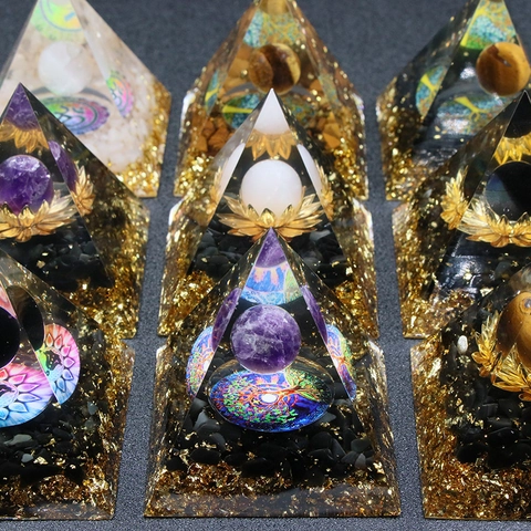 Orgonit Energie Pyramide Harz Natürlicher Kristall Amethyst Tigerauge Heilstein Lebensbaum Spirituelle Meditation Haus Büro Deko Ornament