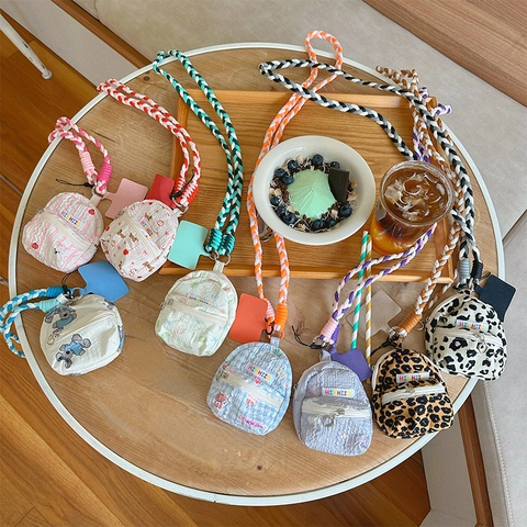 Mini Backpack Shape Earphone Pouch Polyester Crossbody Bag Braided Strap Leopard Floral Pattern Casual Cute Accessories