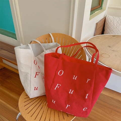 Borsa Tote In Velluto A Coste Vintage Da Donna Grande Capacità Lettera Ricamata Borsa A Tracolla Casual Per Lavoro