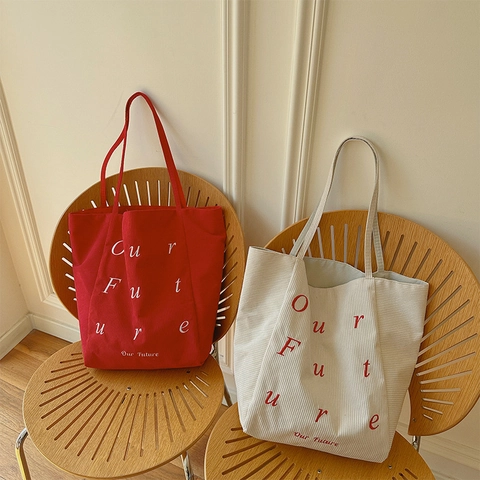 Borsa Tote In Velluto A Coste Vintage Da Donna Grande Capacità Lettera Ricamata Borsa A Tracolla Casual Per Lavoro