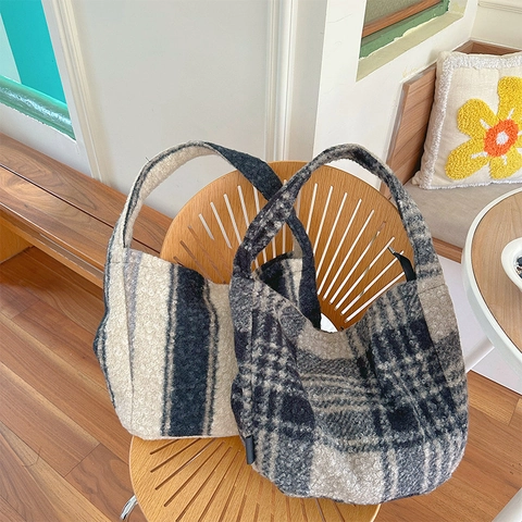 Kunstpelz Shopper Damen Große Kapazität Plüsch Leopard Streifen Karomuster Schultertasche Winter Freizeit Handtasche