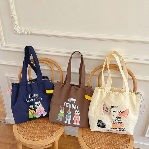 Borsa A Spalla Da Donna In Nylon Grande Capacità Tote Con Coulisse Illustrazione Animali Cartoni Animati Quotidiano