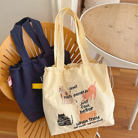 Borsa A Spalla Da Donna In Nylon Grande Capacità Tote Con Coulisse Illustrazione Animali Cartoni Animati Quotidiano