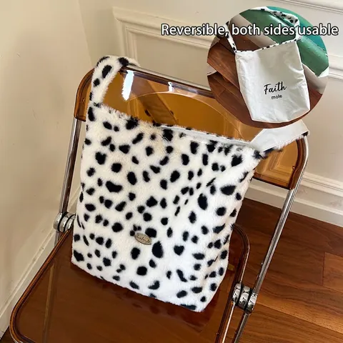 Omkeerbare Pluche Tote Bag Met Koeprint Grote Capaciteit Kunstbont En Canvas Schoudertas Winterstijl Voor Dames