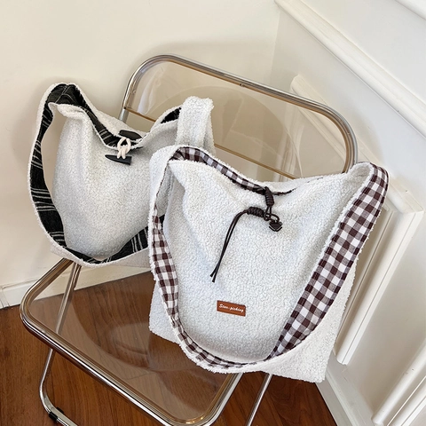 Borsa A Spalla In Peluche Lana Di Agnello Per Donna Reversibile Motivo A Quadri Grande Capacità Borsa A Tracolla