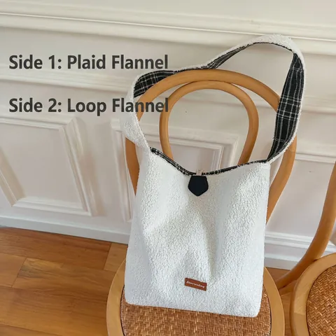 Borsa A Spalla In Peluche Lana Di Agnello Per Donna Reversibile Motivo A Quadri Grande Capacità Borsa A Tracolla