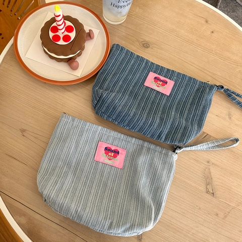Striped Corduroy Cosmetic Makeup Bag Pink Heart Patch Zipper Storage Pouch Wristlet Strap Portable Travel Organizer