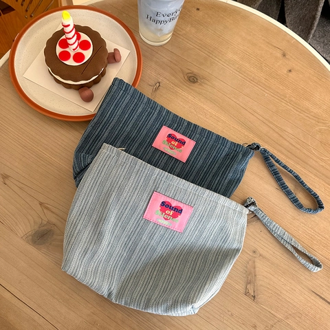 Striped Corduroy Cosmetic Makeup Bag Pink Heart Patch Zipper Storage Pouch Wristlet Strap Portable Travel Organizer