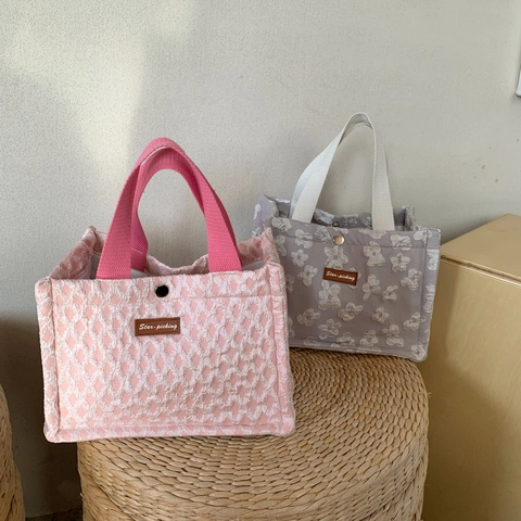 Borsa Pranzo Isolata Borsa Termica A Mano Trama Floreale Goffrata Picnic Portatile Borsa Frigo Borsetta Donne