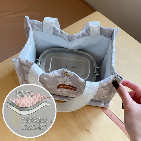 Borsa Pranzo Isolata Borsa Termica A Mano Trama Floreale Goffrata Picnic Portatile Borsa Frigo Borsetta Donne