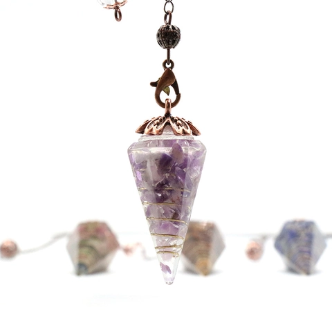 Natural Crystal Gravel Resin Pendulum Necklace Hexagonal Pyramid Cone Healing Dowsing Energy Stone Pendant For Women Men