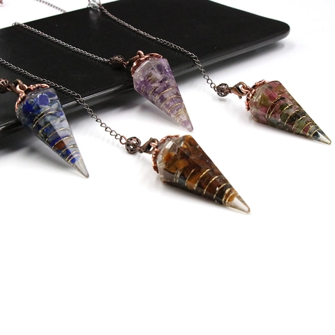 Natural Crystal Gravel Resin Pendulum Necklace Hexagonal Pyramid Cone Healing Dowsing Energy Stone Pendant For Women Men