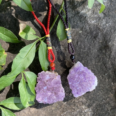 Natural Amethyst Crystal Cluster Pendant With Hand Woven Rope Bag Charm Keychain Ethnic Style Raw Stone Jewelry For Women Men